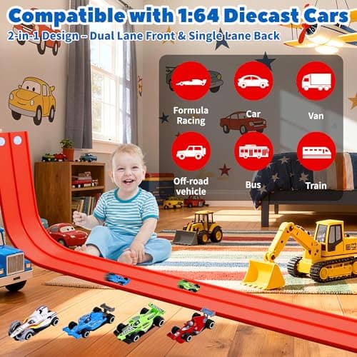 FUTESI Flexible Race Car Track for Kids 15 Ft Flex Tracks Starter Set Compatible with Diecast 1/64th Cars Portable Rolls Up Race Tracks with Strong Suction Cups Birthday Gifts for Boys Girls Ages 3+ - Thumbnail 2