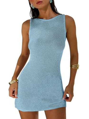 ANRABESS Women Swimsuits Cover Up Slim Crochet Swimwear Summer Tank Little Dress Bathing Suit Vacation Beach Clothes Outfits Sky Small - Image 1