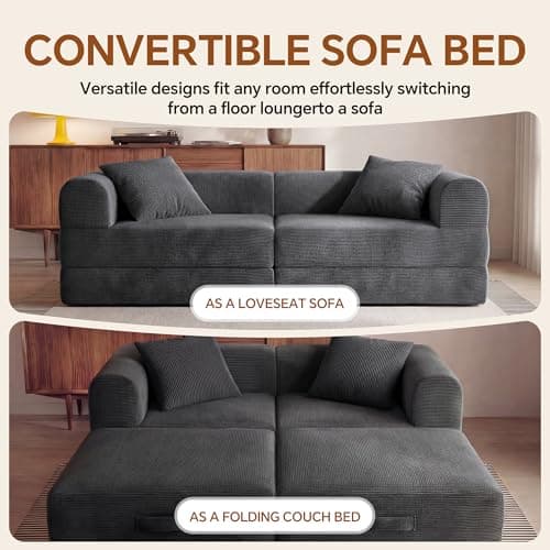 ceamorfco 74.8" Boneless Couch for Living Room, Modular Sectional Sofa Bed with High Back Support & Wide Armrests, Comfy Corduroy Floor Sofa with 2 Pillows, Gray Loveseat Sleeper for Small Spaces - Thumbnail 4