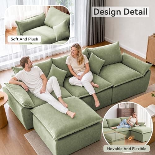 ceamorfco 108" Modern L-Shaped Modular Sectional Sofa for Living Room, Corduroy Upholstery Green, Oversized 3-Seater Couch with Deep Seat and Movable Ottoman – No Assembly - Thumbnail 5