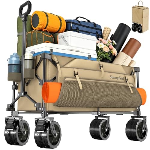 SUNNYFEEL 300L Collapsible Wagon - 550LBS Heavy Duty with Big All-Terrain Wheels Wagon Cart Foldable, Utility Folding Cart for Camping, Grocery, Shopping, Beach, Outdoor Activities, Khaki