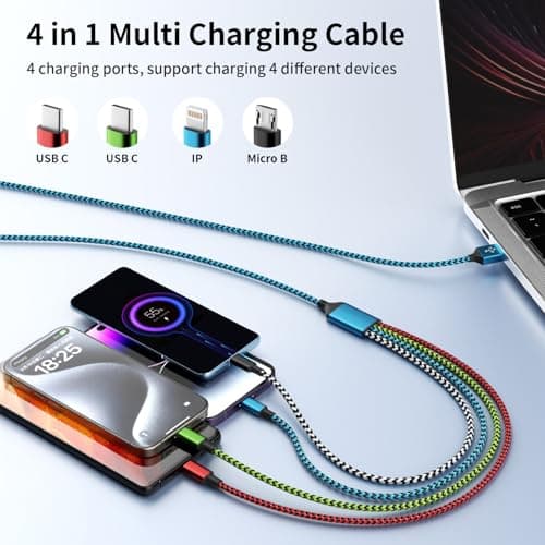 4 in 1 Multi Charging Cable, USB Charging Cable with 2 USB C/IP/Micro USB Charger, Phone Charger for iPhone 17-8/ Android/iPad and More,Car Charger 1 Pack 5FT - Thumbnail 2