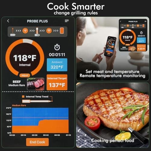 Smart Wireless Meat Thermometer with Thinnest Probe, Magnetic Bluetooth Food Thermometer, Remote Tracking and Real-Time Readings from Apps, for iOS and Android, for BBQ, Grill, Smoker - Thumbnail 4