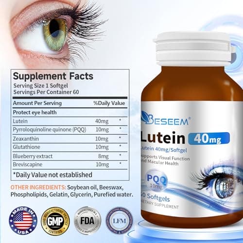 Beseem 6-in-1 Eye Supplement with Lutein 40mg, Zeaxanthin 10mg, Eye Health Support Supplement for Adults – Blue Light Protection, Macula Support & Eye Strain Relief – 60 Softgels - Thumbnail 5