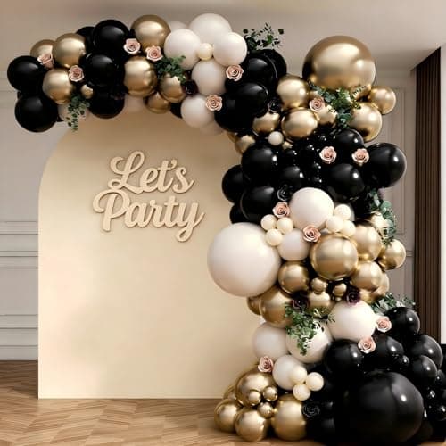 Black Gold Sand White Balloon Garland Arch Kit 143Pcs Sand White Black Chrome Gold Latex Balloons for Wedding Bridal Shower Gender Reveal Birthday Party Decorations - Image 1