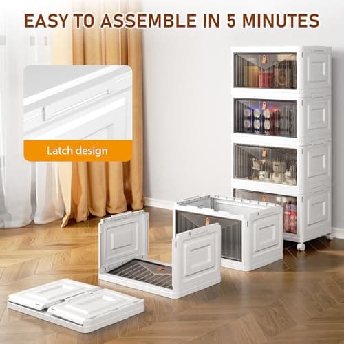 4 Tier Storage Bins with Lids, 23QT Stackable Closet Organizers and Storage with Wheels, Collapsible Storage Boxes, Foldable Plastic Storage Containers for Home,Office, Dorm Room-White - Thumbnail 3