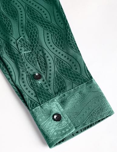ZAFUL Men's Shiny Satin Shirts Jacquard Long Sleeve Button Up Dress Shirts Wedding Party Club Prom Green L - Thumbnail 5