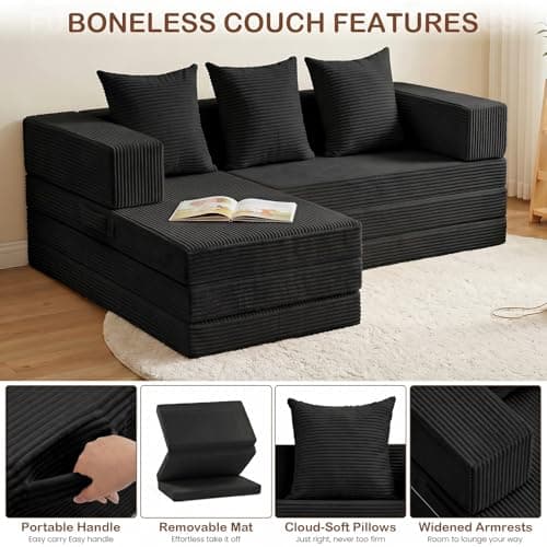 Ziydily Boneless Couches for Living Room, L Shaped Couch with Chaise, 4-in-1 Comfy Corduroy Fluffy Sofas, Flexible Module Combination Compact Room Couch, No Assembly, Black - Thumbnail 5