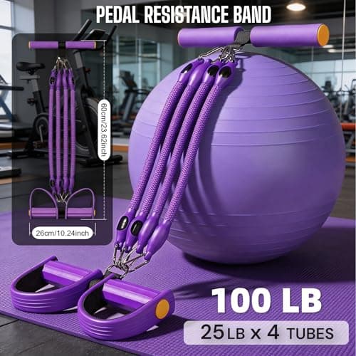 Buyborgood Upgrade Pedal Resistance Band, Multifunction Home Gym Workout Equipment with 4x25lbs Tubes for Sit Up & Arm Exercise, Purple - Thumbnail 2