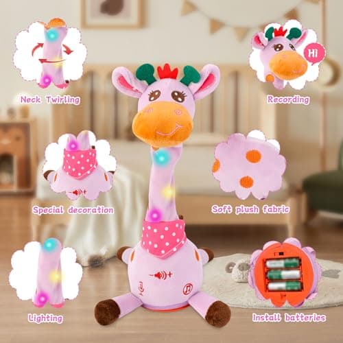 LUKETURE Purple Musical Talking Dancing Giraffe Plush Toy, Talking Baby Toy with Lights, 10 Songs and Voice Repeat, Soft Sensory Gift - Thumbnail 4
