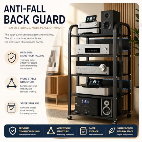 OVZXSD 5-Tier Av Media Stand with Wheels, Audio Tower Rack with Adjustable Shelves, Stereo Racks and Stands with Storage Shelves, Media Console for Home, Office, Theater, Black - Thumbnail 4