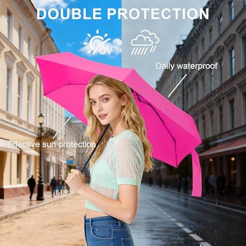 LEAGERA EAGERA Compact Travel Umbrella with Case - Mini Umbrella for Purse, Small Lightweight &Tiny Design Perfect for Parasol Outdoor Sun&Rain Umbrellas, Rose Red - Thumbnail 6