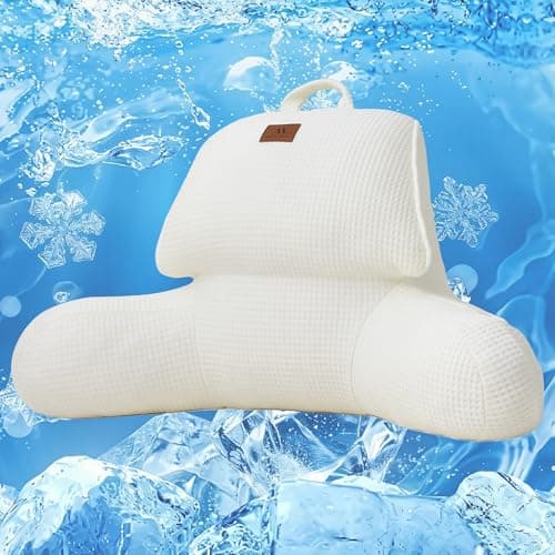 Amélie Home Cooling Reading Pillow with Arms for Adults, Breathable Waffle Fabric Bed Rest Pillow for Sitting Up, Ergonomic Back Support with Pockets for Gaming Relaxing, Ivory, 17 Inches