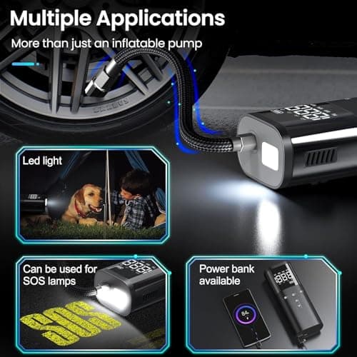Tire Inflator Portable Air Compressor, Air Pump for Car Tires, Cordless Air Compressor 120 PSI - One Click Smart, Tire Pump for Car, Motorcycle, Bicycle, Balls, with Pressure Gauge, LED Light - Thumbnail 4