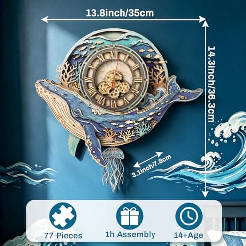 3D Puzzles for Adults Whale Clock Crafts for Adults Wooden Puzzles Home Wall Decor Pendulum Clock with Roman Numerals Gift for DIY(Deep Blue Whale) - Thumbnail 3