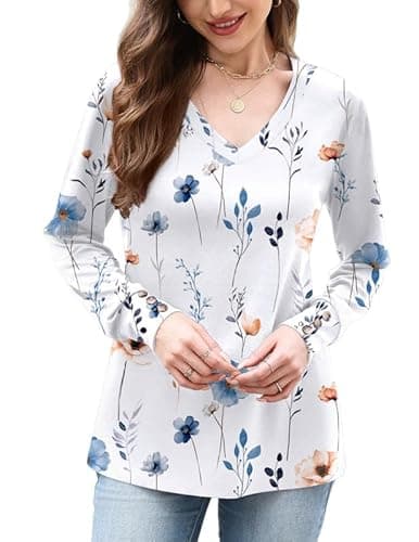 Misakia Fall Winter Tops for Women 2025 Dressy Casual Trendy V Neck Loose Fit Long Sleeve Buttons Flowy Tunic Soft Blouses Shirts Business Casual Outfits Ladies Tops