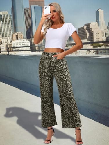 Genleck Women's Wide Leg Jeans – Trendy Cropped Loose Jeans High Waisted Stretchy Capri Denim Pants Baggy Trousers 2025 (Leopard Print, 8) - Thumbnail 2