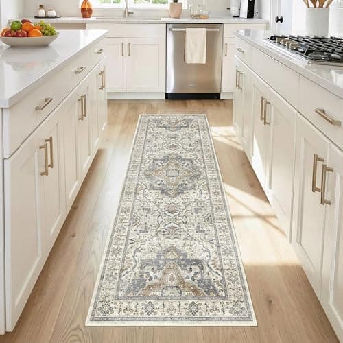 EiniHliw 2x6 Washable Kitchen Runner Rug, Non Slip Vintage Runner Rugs for Hallway, Ultra-Thin Low Pile Distressed Kitchen Rugs Non Skid, Machine Washable Laundry Entryway Indoor Carpet,Beige/Blue - Image 1