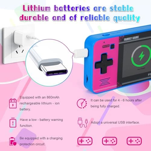 Handheld Game for Kids ，Built-in 220 32-bit Video Games, 3.0” IPS Screen, Rechargeable Portable Game , Travel Mini Arcade Electronic Toys Gift for Boys and Girls(Blue+Pink) - Thumbnail 3
