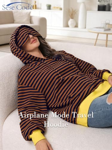 SeSe Code Hoodie With Eye Mask Striped Airplane Travel Womens Mens Oversized Sweatshirt Sleep Pullover Color Block Brown Khaki L - Thumbnail 5