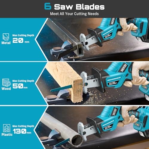 SEESII Reciprocating Saw Cordless, Variable Speed 3500 RPM Brushless Motor with 6 Saw Blades, 2 x 4.0Ah Batteries, LED Light, Tool‑Free Blade Change, Portable for Wood PVC Cutting - Thumbnail 4