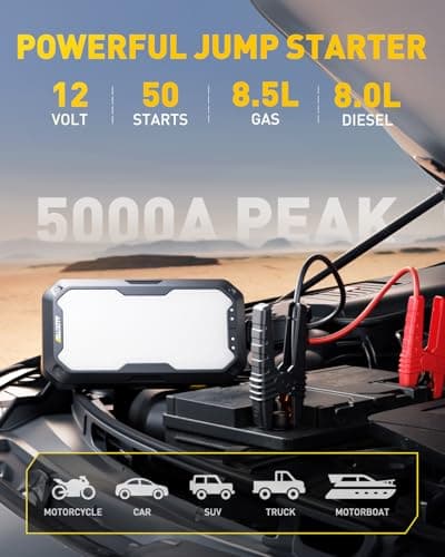 AUXITO Jump Starter, 5000A Car Battery Jump Starter, Up to 8.5L Gas and 8.0L Diesel Engines with 2000LM LED Work Panel Light, 12V Safe Jump Box with Camping Light, Power Bank and Jumper Cable - Thumbnail 2