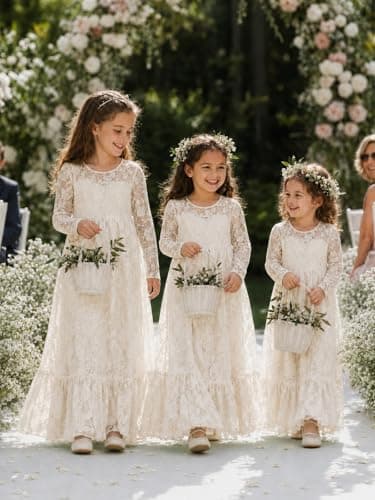 ALLOVIN Toddler & Girls Long Sleeve Lace Flower Girl Dress Maxi Boho A-Line Dress for Wedding Baptism 1st Communion | Ivory | 6-7Y - Thumbnail 2