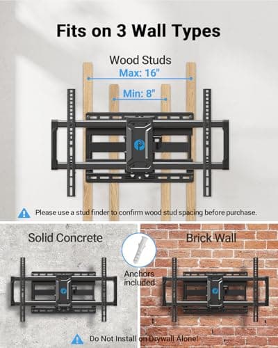 Pipishell Full Motion TV Wall Mount for 42-85 inch LED TVs up to 132lbs, Fits 65 75 Inch Swivel TV Mount Bracket with Articulating Arms, Max VESA 600x400mm, Fits 12” 16" Wood Studs - Thumbnail 3