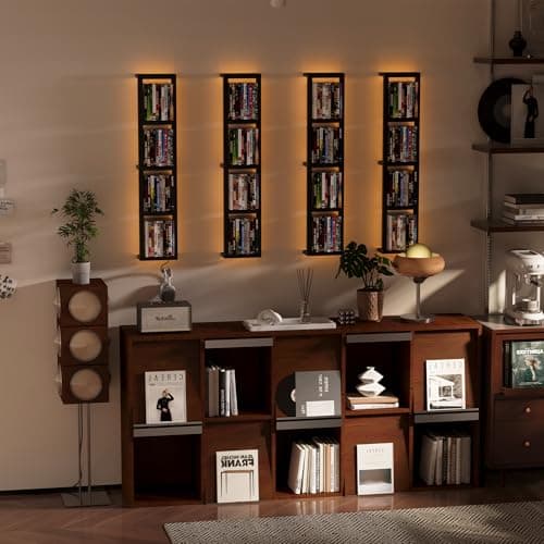 Kikihouse Wall-Mounted CD Storage Shelf with DIY LED Strip, Floating Media Storage Rack with Hooks, Cube Organizer for Video Games Set of 4 - Thumbnail 2