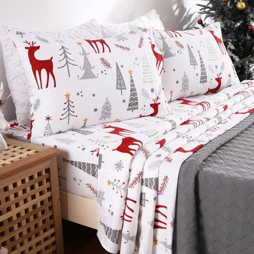 STARBEDIA Christmas Flannel Sheets King, 100% Cotton Holiday Bed Sheet Set, Deep Pocket Fitted Sheet, Soft Warm Brushed Christmas Sheet (King Size, Forest Deer) - Thumbnail 2