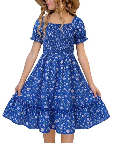 FREELYVE Girls Summer Floral Smocked Dress Square Neck Puff Sleeve Ruffle School Party Teen Sundress,Royal,8-9Y - Image 1