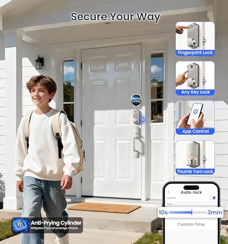 Veise VE017-D Smart Fingerprint Front Door Lock Set, App Control, 8-in-1 Keyless Entry Deadbolt with Lever Handle, Touchscreen Keypad, IP55 Weatherproof, Auto Lock, Easy Install, Satin Nickel - Thumbnail 6