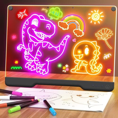 16-Inch Rechargeable LED Drawing Board, 9-Color Light Modes, Neon Art Dry Erase Light Up Doodle Glow Pad with Built-in Stand, Sketching Gift Toy for Kids/Girls/Teens, 5 Markers & Tracing Book