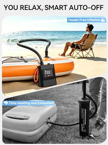AIRSURE 20PSI High Pressure Electric Paddle Board Pump, Rechargeable Battery-Powered, Electric SUP Air Pump with 12V DC Car Connector, Intelligent Dual Stage for Inflatable Paddle Board, Kayak, Boats - Thumbnail 6