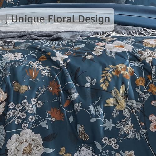 CASAAGUSTO Queen Comforter Set - 7 Pieces Blue Floral Bedding Sets, Queen Bed in a Bag with Botanical Butterfly Comforter, Sheets, Pillowcases & Shams for All Seasons - Thumbnail 5