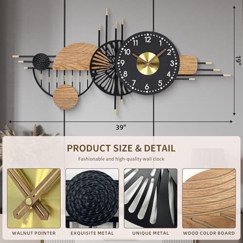 39x19 Inch Modern Silent Wall Clock Battery Powered for Living Room - Thumbnail 2