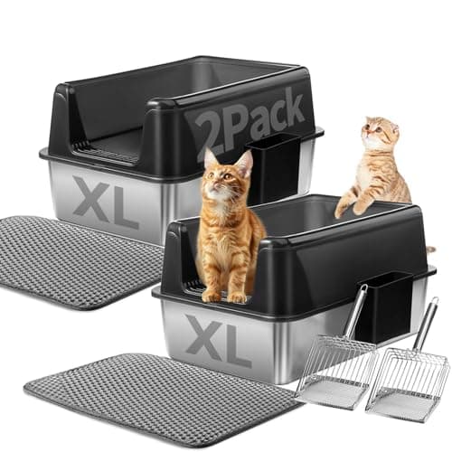 Marchul 2 Pack Stainless Steel Cat Litter Box with Litter Scoop Holder, XL Litter Boxes with Metal Scoop, Litter Mat, Easy to Clean for Indoor Big Cats,High Sides, Multicat Home,Anti-Urine Leakage