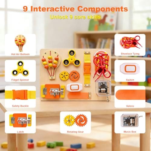 SEYTUFU Montessori Busy Board for Toddlers, Wooden Sensory Toys Autistic Children, Travel Toys for Educational Fidget Board with Switches & Music Boxes, Fidget Spinner, Locks for 3+ Year Kids Gifts. - Thumbnail 3
