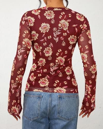 BTFBM Button Down Shirts for Women 2026 Spring Boho Tops V Neck Long Sleeve Blouses Ruched Mesh Fitted Fashion Clothing(Brown, Small) - Thumbnail 3