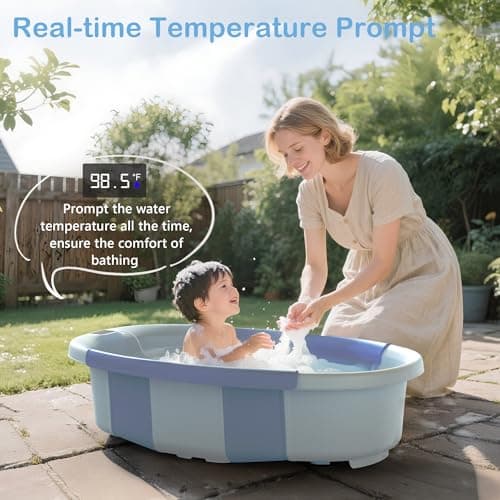 Collapsible Baby Bathtub - Large Baby Bath Tub with Thermometer & Cushion | Travel Portable Newborn Infant Bathtub | Foldable Toddler Bathtub for Baby 0 to 36 Months (Blue) - Thumbnail 4