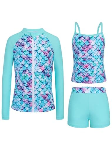 Seanrui Kids Swimsuits Long Sleeve Rash Guard for Girls with Shorts Two Piece Bathing Suit Green Mermaid（6-7Y - Image 1