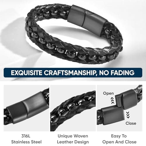 FLHEART Bracelet Gifts for Men Black Braided Leather Stainless Steel Cuff Bracelets,Gift for Men Dad Husband Boyfriend Son Grandson Brother Nephew Uncle 7.5|8.5|9 Inches - Thumbnail 5