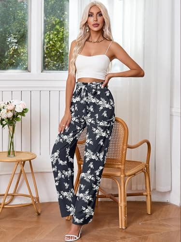 Heymoments Women's Wide Leg Pants with Pockets Lightweight White Flower Navy XX-Large High Waisted Tie Knot Paperbag Dressy Palazzo Loose Paper Bag Comfy Business Casual Work Flowy Trousers - Thumbnail 5