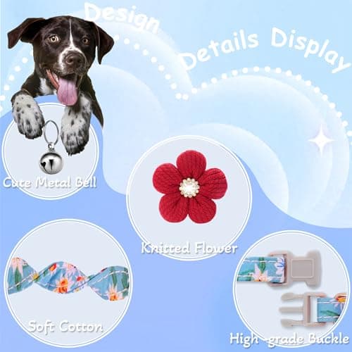 Medium Dog Collar with Flower, Dog Collars for Medium Dogs Collar for Girl Cute Dog Collar with Bell, Adjustable Length - Thumbnail 2