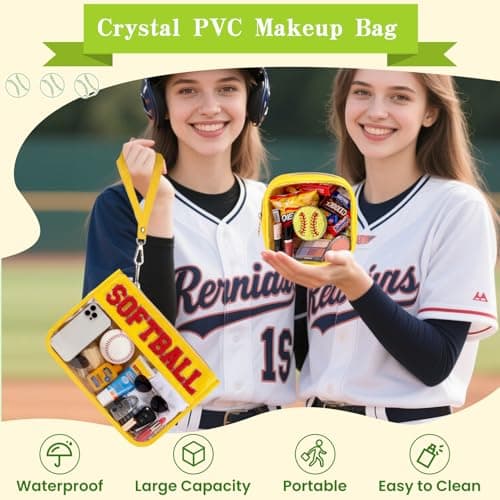 PEVART 2-Piece Softball Gifts Makeup Snack Bag Chenille Letter Patch | Large Baseball Clear PVC Travel Zipper Pouch Accessories Stuff Waterproof Portable Sport Bag for Mom, Girls - Thumbnail 6