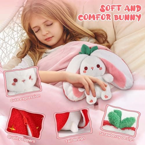 Emoin Soft Reversible Bunny Stuffed Animal, 10-Inch Cute Strawberry-to-Bunny Transformed Plush Toy with Zipper, Easter Strawberry Bunny Plush for Kids Adults Birthday & Sweet Valentine’s Day Gifts - Thumbnail 3