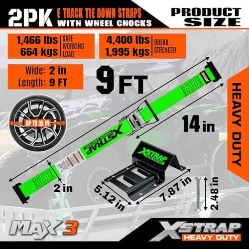 XSTRAP STANDARD Wheel Chock E-Track Tie Down Straps Kit, 2 Pack 2" x 9FT Over-The-Tire Ratchet Straps with Steel Wheel Chocks, 1466 lbs WLL for ATV, UTV, Lawn Mower, Trailer Hauling, Green - Thumbnail 3