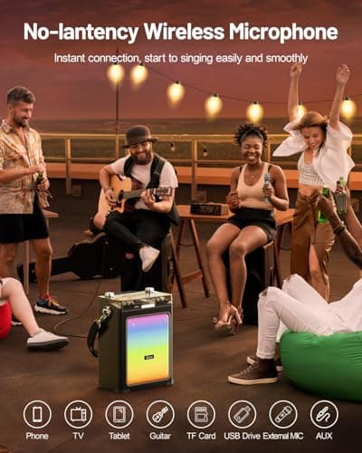 Metfut Karaoke Machine for Adults with 2 Wireless Microphones & Guitar Input, Professional Bluetooth 5.3 Speaker, Portable Wooden Karaoke PA System with Bass/Treble Adjustable for Backyard, Home Party - Thumbnail 5