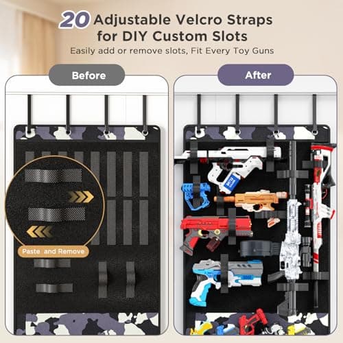 Over the Door Organizer for Toy Guns, Hanging Toy Guns Storage Organizer with Pockets and Slots for Kids Foam Blasters, Darts, Goggles, Toys Storage Door Hanger for Kids Rooms, Game Rooms, Camouflage - Thumbnail 3