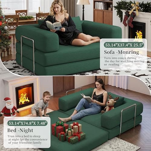 BSHOMGI Folding Sofa Bed Convertible Corduroy Couch Queen Size Floor Sleeper 4-in-1 DIY Combination Modular Lazy Sofas Fold Futon Lounge for Living Room (Green, 53.15" Double Sofa) - Thumbnail 5